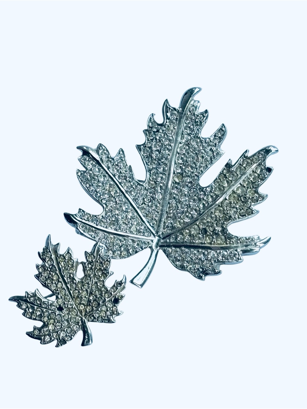 Bond Boyd Signed Vintage Rhinestone Maple Leaf Brooch Pin Set Silver Tone